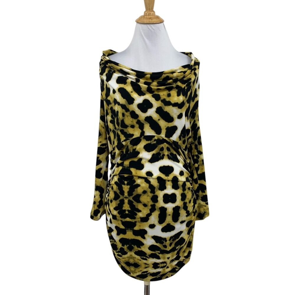 Boston Proper Top Women L Large Black Yellow Leopard Cowl Neck Ruched Tunic